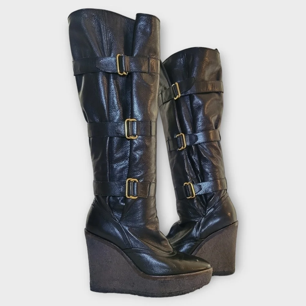 YSL Yves Saint Laurent Tall Black Leather Wedge Boots Vintage 90s Y2K